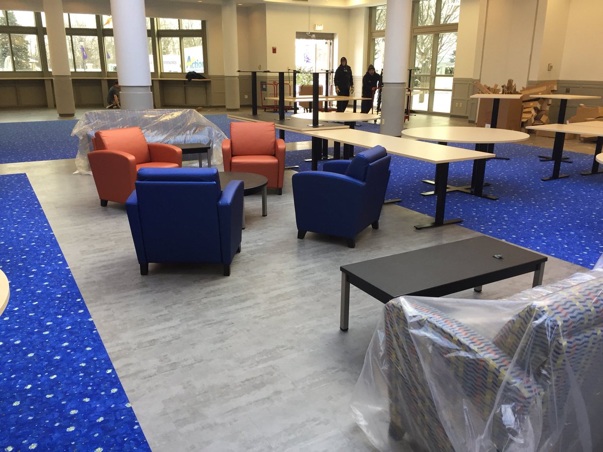 SaintMikesAD's tweet photo. Sharp renovation of @saintmichaels Green Mountain Dining Room in Alliot Hall - hustling to get things in place before students return - looking good! #WelcomeBackKnights #MoreToCome #smcvt https://t.co/BI9oRFrxEB