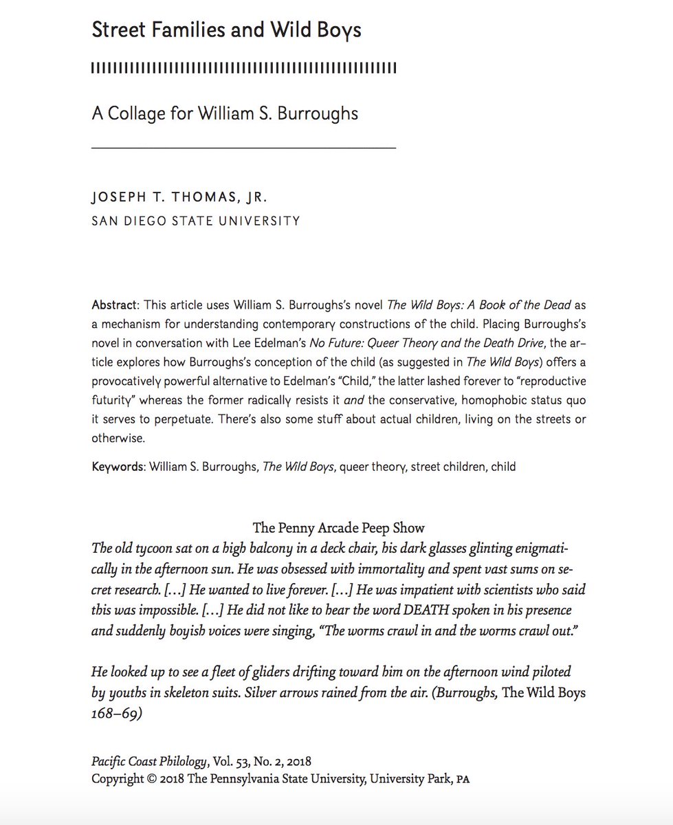 josephsdsu's tweet image. If you've access to #ProjectMuse or #JStor, dig Craig Svonkin (@csvonkin) &amp;amp; Steven Axelrod (@sgaxelrod)'s special issue of #PacificCoastPhilology (53.2: 2018) on "The Metafamily," featuring my essay "Street Families and Wild Boys, A Collage for #WilliamSBurroughs." Worth a look!