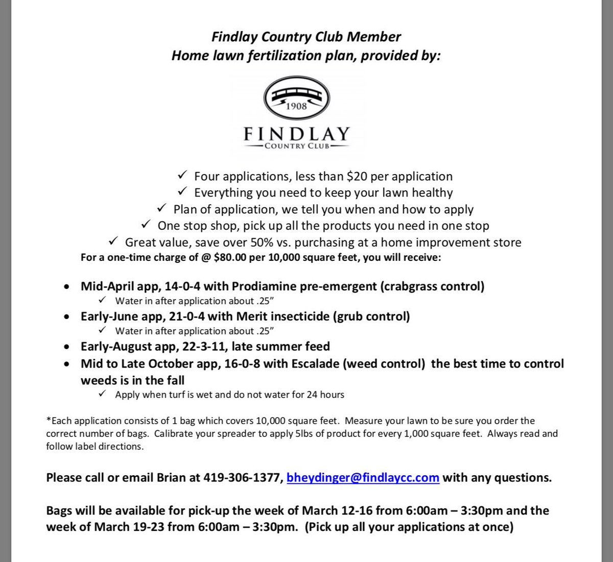 It’s that time of year again! Our Home Fertilization Program kits are available for purchase. Please call 419-422-9263 ext. 243 or email Brian Heydinger (bheydinger@findlaycc.com)