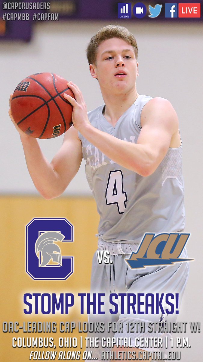 Big win on Wednesday, let's keep the momentum moving forward today! <a href="/Capital_MBB/">Capital Basketball</a> hosts John Carroll this afternoon as the Crusaders try to win their 12th straight! #CapMBB #CapFam 

⚔️ vs. ⚡️
📍Columbus
🏟 Cap Center
🕰 1pm 
📊 athletics.capital.edu/sports/mbkb/20…
📺 athletics.capital.edu/sports/mbkb/mb…