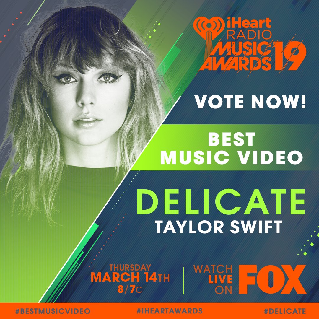 HOT 99.5 (@hot995) on Twitter photo 14/01/2019 22:08:27 1 RT = 1 VOTE! @taylorswift13 #Delicate #BestMusicVideo #iHeartAwards 1 RT = 1 VOTE! @taylorswift13 #Delicate #BestMusicVideo #iHeartAwards