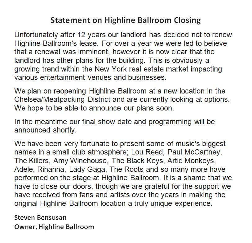 Statement on Highline Ballroom closing