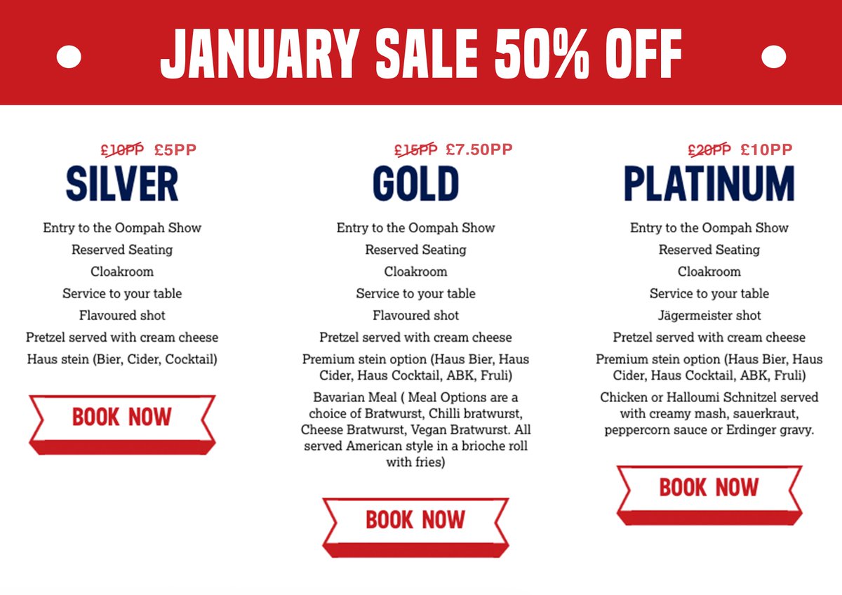 MancBierkeller's tweet photo. Nothing cures those January blues like a rip-roaring Bavarian Oompah show 🎺

Join the madness here tomorrow night! 🎉
Take a look at our HALF PRICE January packages below 👇

Book: 📞 0845 533 3000 🌐 https://t.co/4sRwe84Ru3
#Fridayfeeling #friyay #NorthWestHour #RetailHourTime https://t.co/mo88DXC5RW