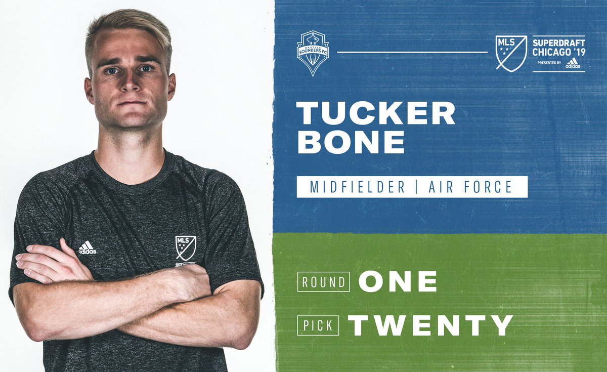 SoundersFC's tweet image. Welcome to the club, Tucker!

With the 20th pick, the Seattle Sounders select midfielder Tucker Bone. 💚💙

#SuperDraft by @adidassoccer
