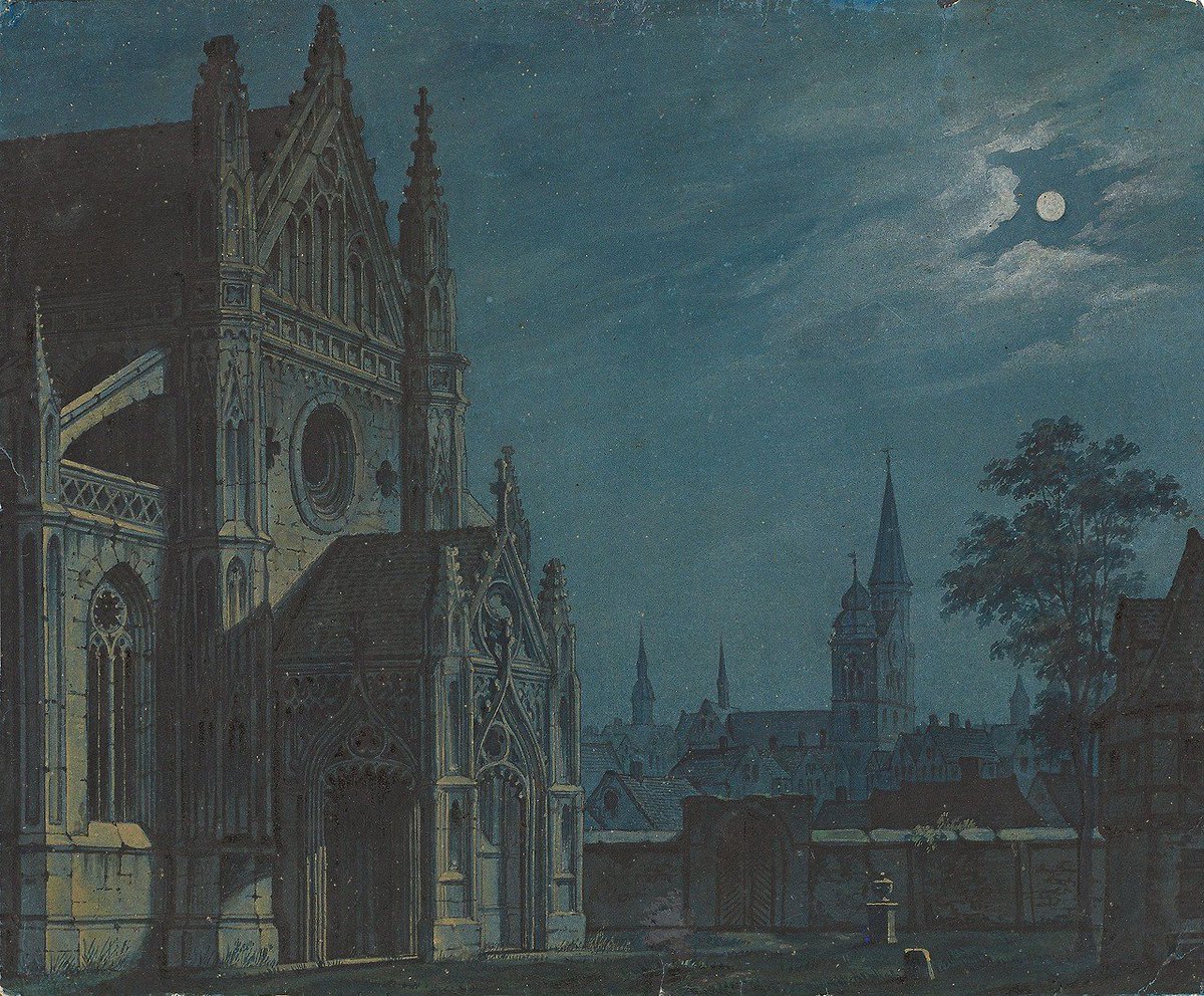 MenschOhneMusil's tweet image. Carl Gustav #Carus  (1789 - 1869)  Moonlit square in front of a gothic church.