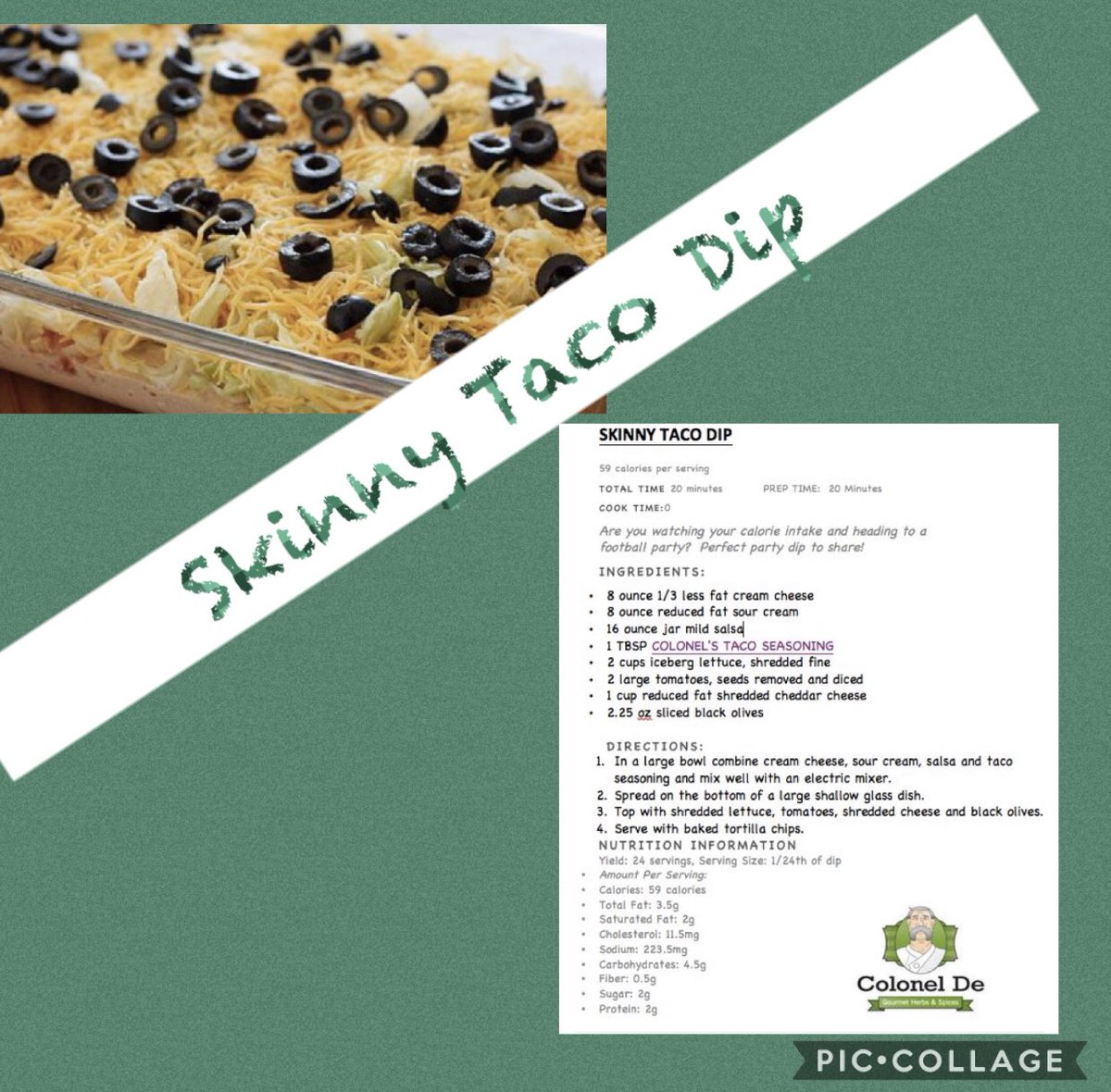 ColonelDe's tweet image. Football weekend Skinny Taco Dip!  Made with Colonel's fresh blend of Taco Seasoning.  Colonel's blends are made fresh daily not sitting in a package for months on a shelf somewhere!