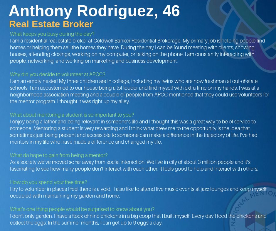 apccchgo's tweet image. In observance of #nationalmentoringmonth, we are highlighting a few of the incredible mentors in @apccchgo’s Volta Elementary Mentoring Program. 

Learn more about Tony Rodriguez, a husband, father and Real Estate Broker who lives, works and volunteers in the Albany Park area.