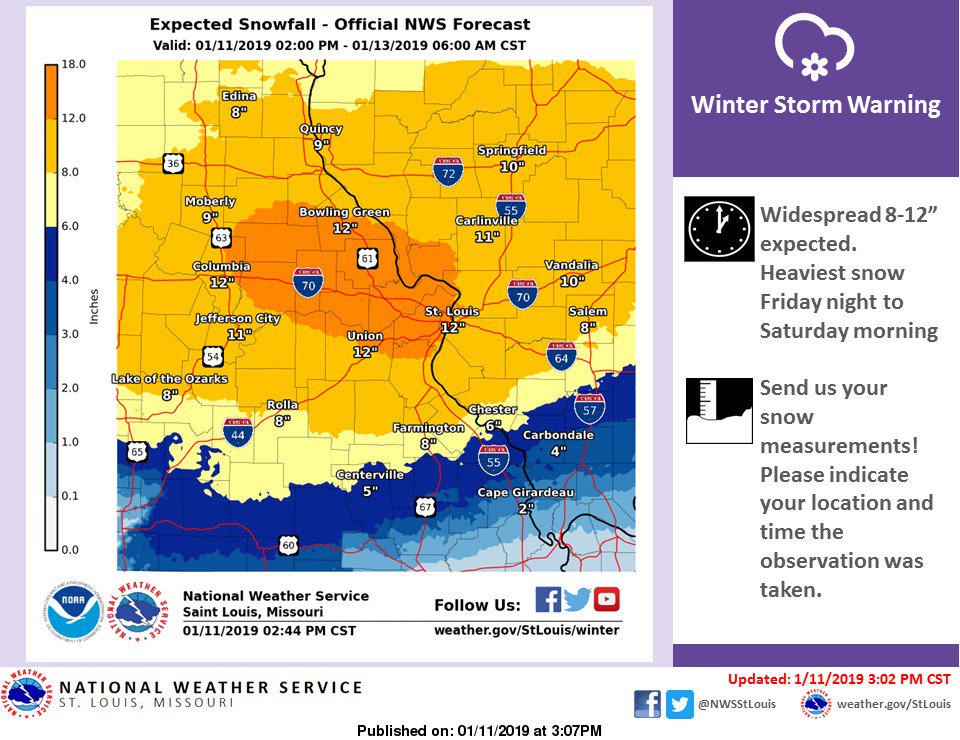 NWSStLouis's tweet photo. Widespread 8-12" snowfall totals are now expected. Heaviest snow tonight into Sat. AM. Send us your reports! #stlwx #midmowx #mowx #ilwx https://t.co/8IcxBktUFq
