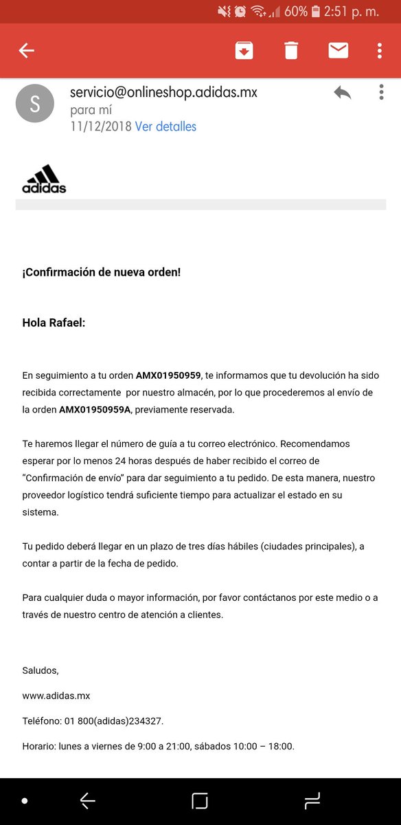 Armada notificación Bendecir Gerardo. on Twitter: "@adidasMX Necesito ayuda hice una devolución desde el  día 26 de noviembre y desde el 11 de diciembre cuando recibí este correo  hasta el día de hoy no tengo