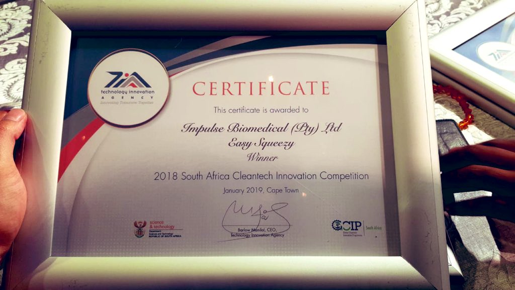 UCTMedTech's tweet photo. Our medical device startup @Impulse_Biomed is the winner of @tiaorgza 2018 SA Cleantech innovation competition. Our technologies EasySqueezy and Zibipen won both the grand prize and was also the runner up! @FabAcademic @UCT_Research @UCT_news @UCT_RCI @uctbme @UCTHealthSci 👏👏👏 https://t.co/5vEK6fnjmi