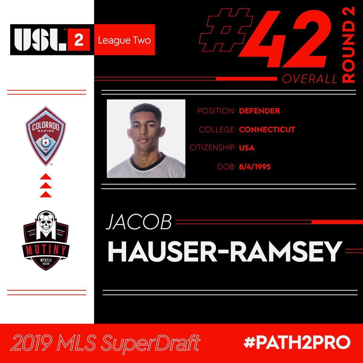 USL League Two (@uslleaguetwo) on Twitter photo .<a href="/ColoradoRapids/">Colorado Rapids</a> select defender Jacob Hauser-Ramsey of <a href="/UConn/">UConn</a> & <a href="/MBMutiny/">The Mutiny</a>.
#Path2Pro | #MLSSuperDraft .<a href="/ColoradoRapids/">Colorado Rapids</a> select defender Jacob Hauser-Ramsey of <a href="/UConn/">UConn</a> & <a href="/MBMutiny/">The Mutiny</a>.
#Path2Pro | #MLSSuperDraft