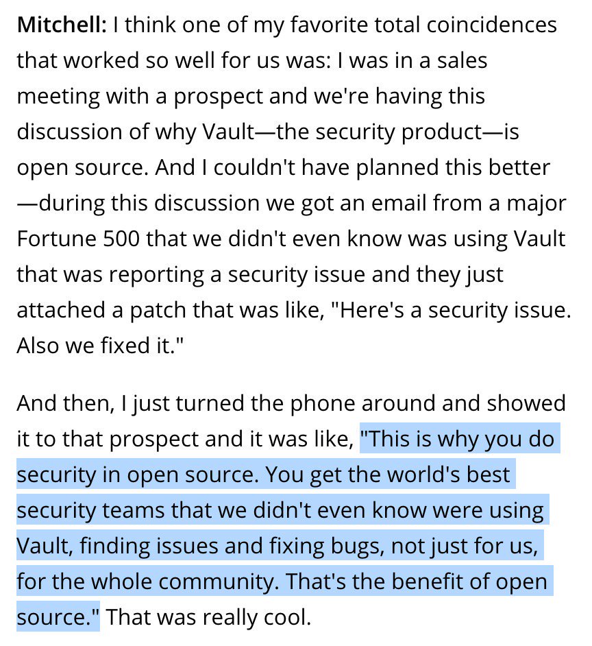 mitchellh's tweet image. I was asked in a sales meeting why Vault is open source, and this was a fun coincidence… HashiCorp is committed to open source, more on why here: hashi.co/2VKxnc5