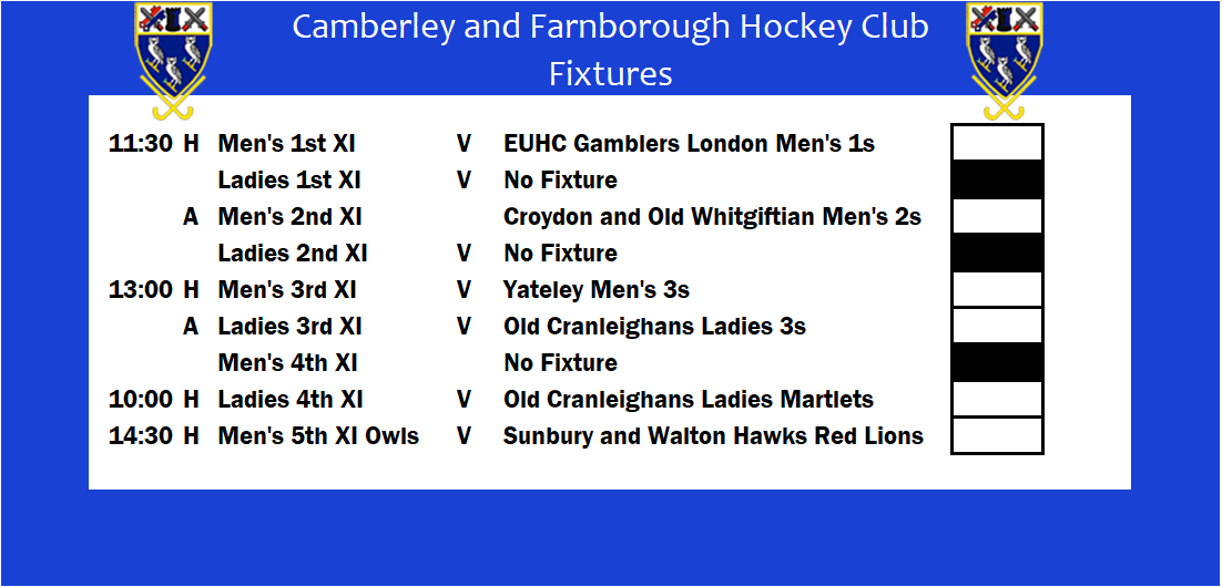 Your fixtures for tomorrow's games! Lots of hockey on at home for those that want to come down to the fortress! Best of luck to all teams 🏑❄️🏑 <a href="/LondonGamblers/">London Gamblers</a> <a href="/croydonhockey/">Croydon Hockey</a> <a href="/yateleyhockey/">Yateley Hockey Club</a> <a href="/ocranleighanhc/">Old Cranleighan HC</a> <a href="/swhawks/">Sunbury & Walton HC</a> #HaveAHoot #WeAreCFH #WeAreCandF