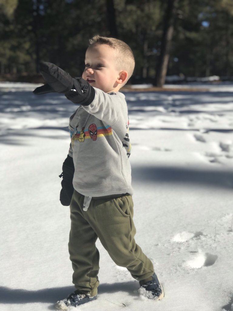 Heathermpower's tweet photo. @PauliePFunq took us for a snow day up in Flagstaff. Ollie built a snowman &amp; named it Doggie. He didn’t want to keep his hat or mittens on but had so much fun! https://t.co/cfQqQ1JVn4 https://t.co/yP1HwG11Zy