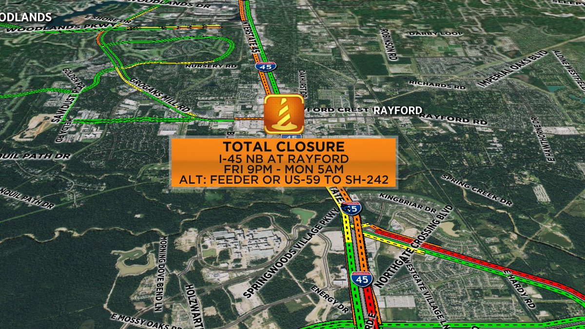 ElissaRivas13's tweet photo. PLAN AHEAD! Starting at 9 pm, the northbound lanes of I-45 at Rayford will close for the weekend, all traffic to the feeder. Avoid the area! #houtraffic #TheWoodlands #weekendconstruction updates @abc13houston https://t.co/BEdJDmseeV