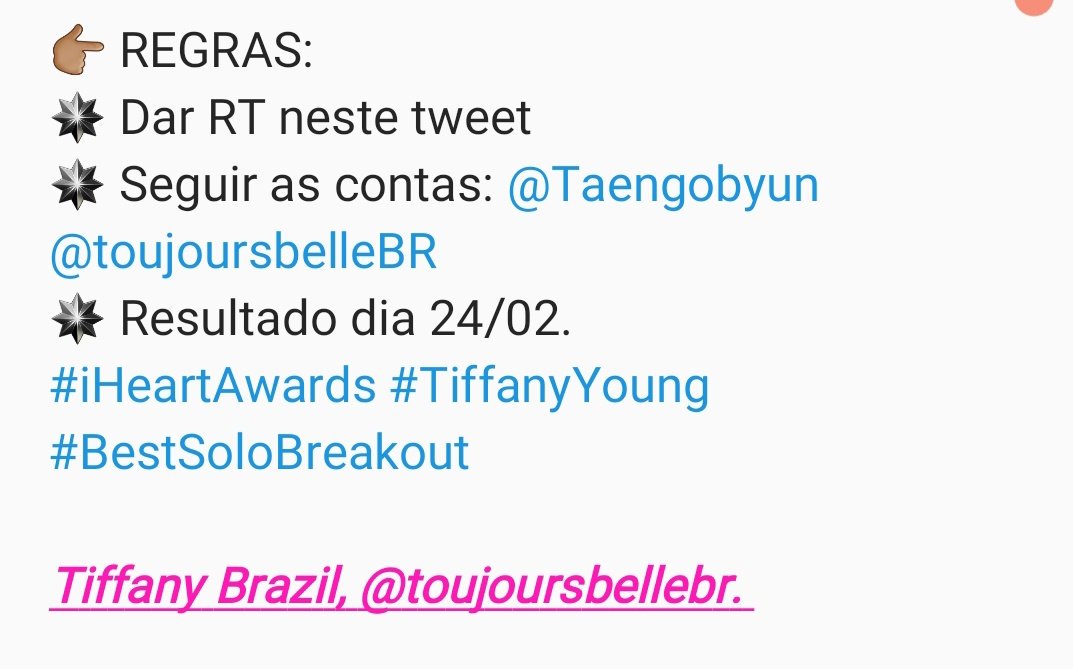 tiffanyyoungbra's tweet photo. 🔔 | ATENÇÃO! Sigam as regras abaixo.

Estaremos sorteando um vale de R$100,00 para usar no site da https://t.co/JJV7zRzn4Z como você quiser. A meta é de 2 mil RTs e mil comentários. Vocês precisam estar VOTANDO na Tiffany e no site! #iHeartAwards
#BestSoloBreakout
#TiffanyYoung https://t.co/9RYfMqPlqq