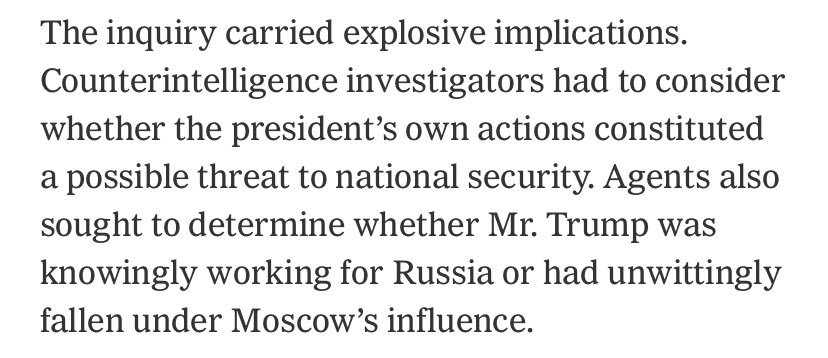 malbertnews's tweet image. JUST IN: #FBI Opened Inquiry Into Whether Trump Was Secretly Working on Behalf of #Russia or Had Unwittingly Fallen Under Moscow’s Influence, @nytimes rpts; “consider whether the president’s own actions constituted a possible threat to national security”: nytimes.com/2019/01/11/us/…