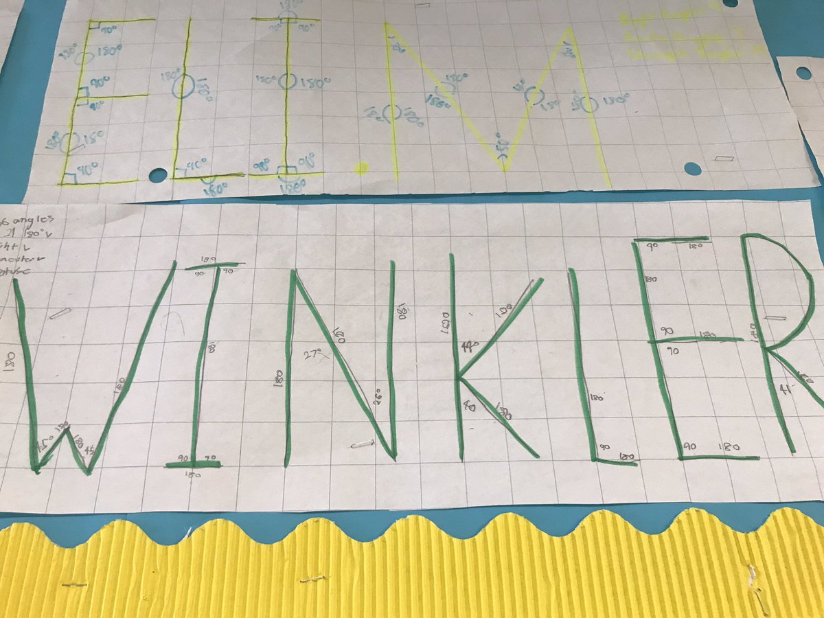 MsAyala_tdsb's tweet photo. Day 5 of Inspirational Math Week: Our 🧠’s Think about Math Visually Today’s activity helped Ss see that mathematics is open and #creative and there is lots of ways of seeing ideas. Ss had to find angles in their names and find words with right angles. @FairbankPS #visualpathways https://t.co/YAS5sJmXVX