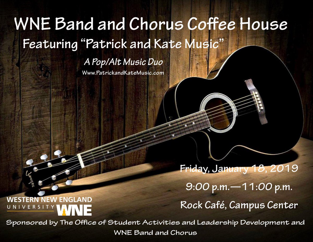 WNEMusic's tweet photo. “Patrick and Kate Music” are only one week away!!!! 
Join us for a relaxing night at the Rock Café after the first week of classes, Friday January 18th from 9-11pm 🎶🍗 ☕️ 
#WNEMusic #WNESpirit #coffeehouse 
Sponsored by @wne_activities https://t.co/OCCURs8EdN