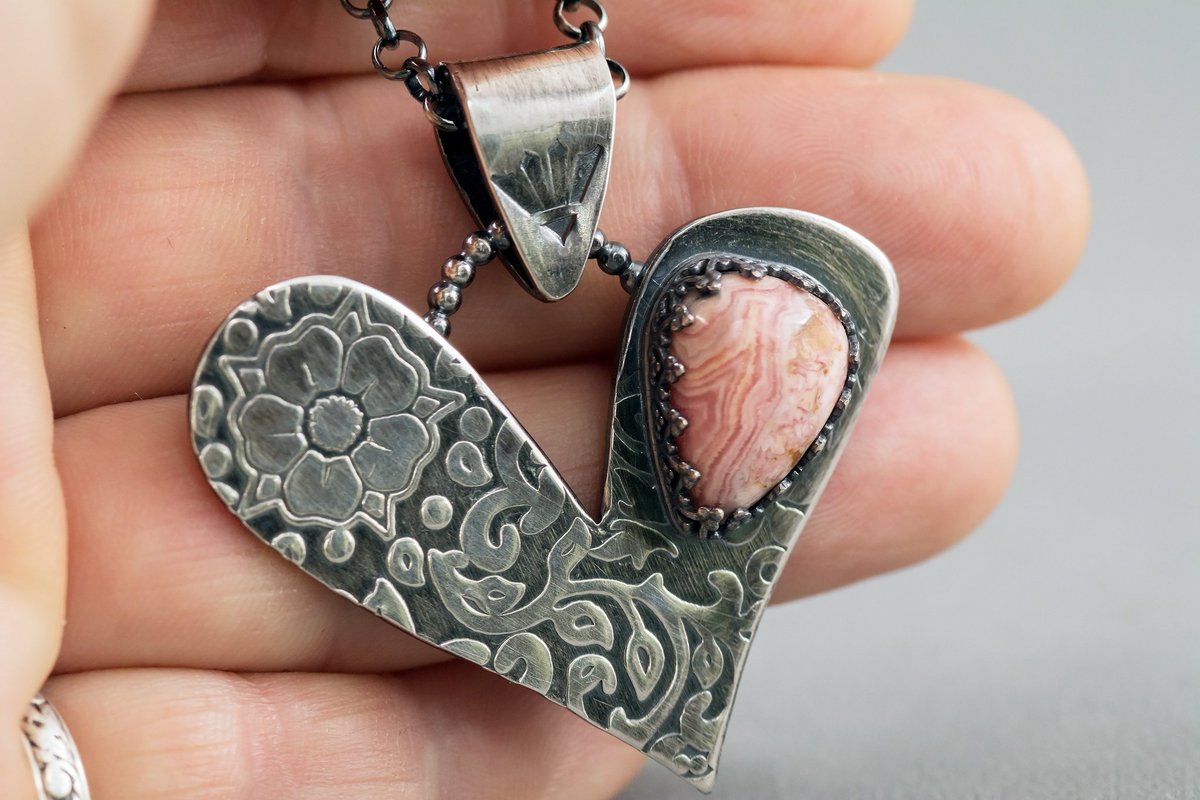 In my #etsy shop: Silver Heart Pink Rhodochrosite Gemstone Pendant Necklace etsy.me/2QGpP6r #jewellery #necklace #silver #pink #heart #valentinesday #handmade #artisanjewellery #rose #hammeredsilver