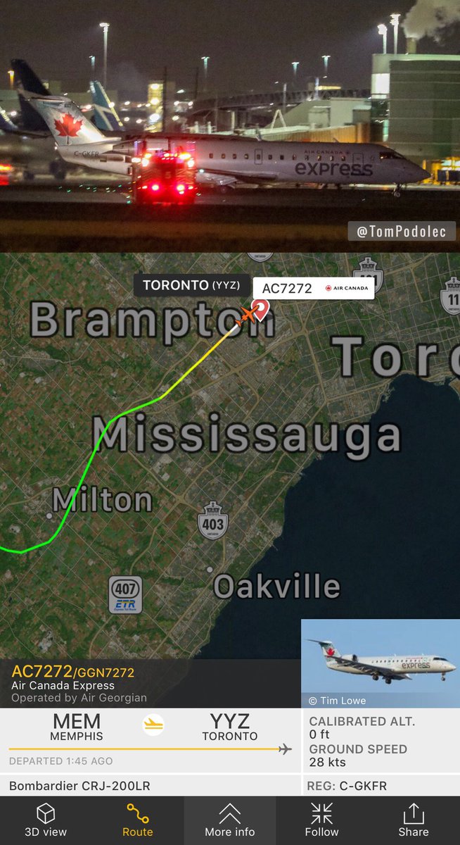 TomPodolec's tweet photo. Air Canada Express/Air Georgian #AC7272 declared an emergency for loss of electronics on final for runway 05 in Toronto. Aircraft in front, Air Canada #AC859, performed a go-around as well as two following, Westjet #WS668 & Rouge #AC1799. https://t.co/tv11WsvbWU