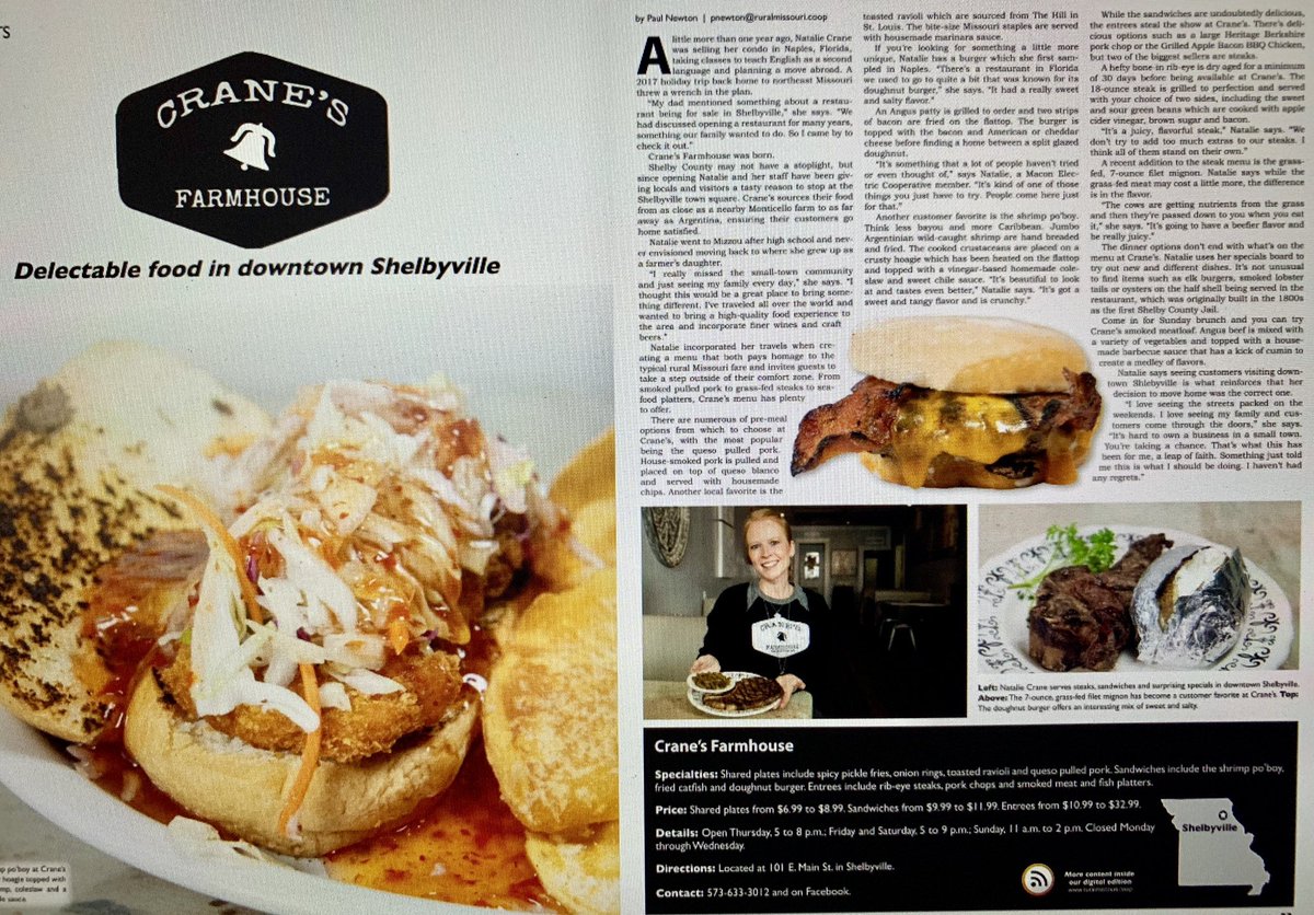 natecrane's tweet photo. If you’re in NE Missouri stop by my sister’s restaurant Crane’s Farmhouse. It’s in the middle of nowhere (Shelbyville), but she draws a crowd from even STL &amp; KC. She was featured in a statewide magazine. #EatBeef https://t.co/cXA0R7JSjZ