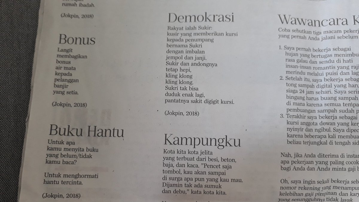 David Krisna Alka (@davidkrisnaalka) on Twitter photo <a href="/PuisiJokpin/">Puisi Joko Pinurbo</a> hari ini di <a href="/hariankompas/">Harian Kompas</a>:
Untuk apa
kamu menyita buku
yang belum/tidak
kamu baca?
Untuk menghormati
hantu tercinta.
(Jokpin, 2018) <a href="/PuisiJokpin/">Puisi Joko Pinurbo</a> hari ini di <a href="/hariankompas/">Harian Kompas</a>:
Untuk apa
kamu menyita buku
yang belum/tidak
kamu baca?
Untuk menghormati
hantu tercinta.
(Jokpin, 2018)