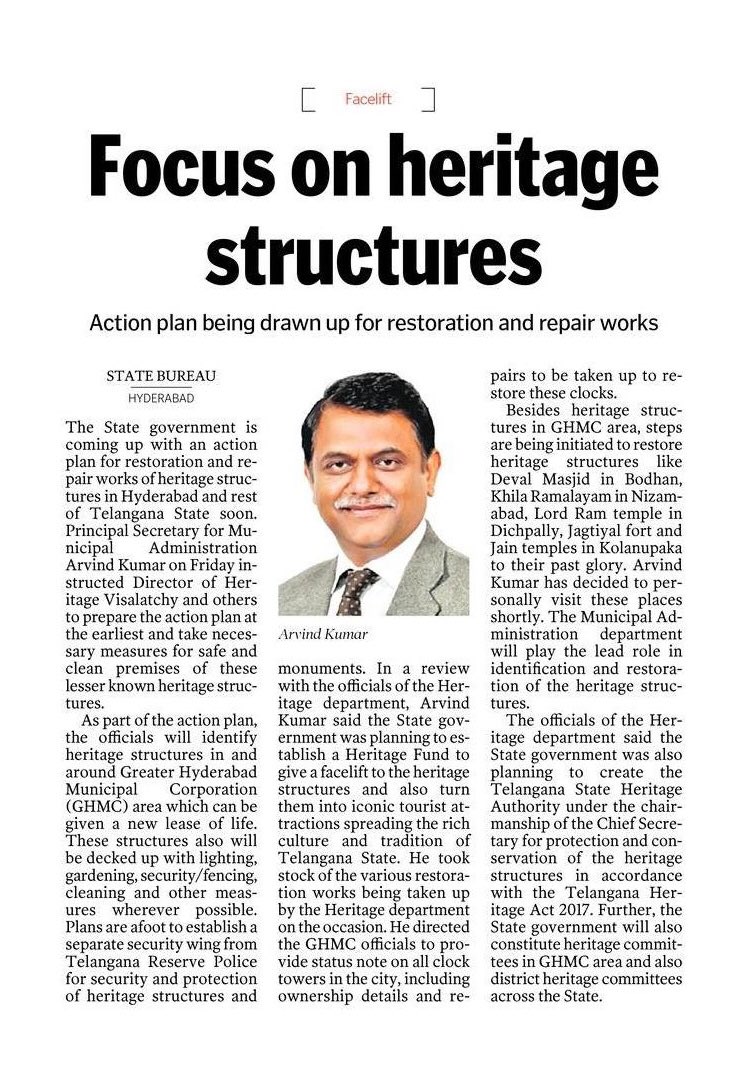 as advised by @KTRTRS , Plan to restore &amp; revive all clock towers in #Hyderabad, Qila Ramalayam #Nizamabad, Deval Mosque Bodhan &amp; Dichpally Ramalayam, #Jagtial Fort among others &amp; 25+ lesser known smaller but very rich architecturally and heritage value structures in Hyderabad