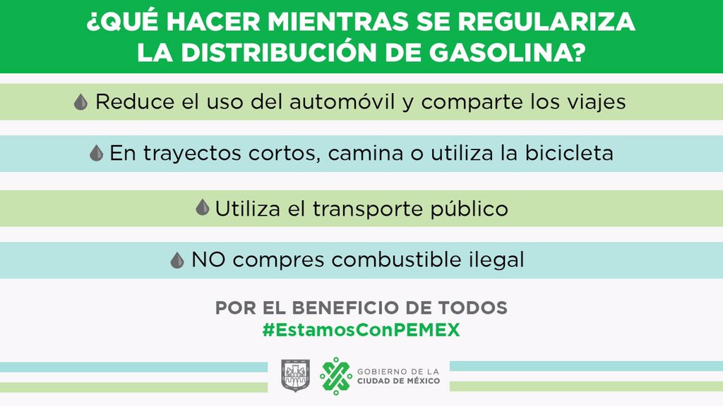 GobCDMX's tweet photo. En tanto se regulariza la distribución de gasolina en la Ciudad de México, te recomendamos las siguientes acciones: https://t.co/qfWawChTiT👇🏼 #EstamosConPemex #PlanVsHuachicoleo https://t.co/I9YSC2v7jP