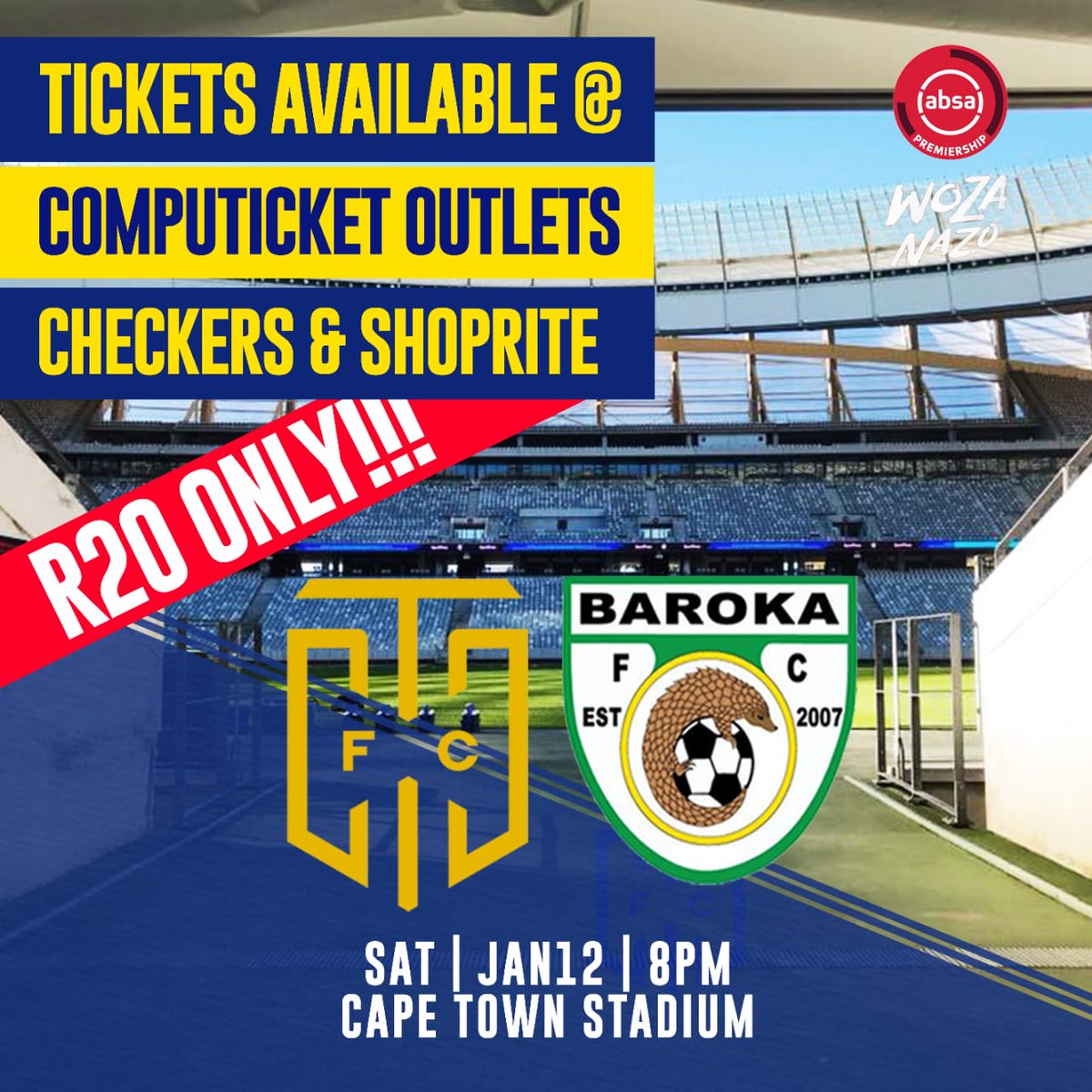 CapeTownCityFC's tweet photo. 🚨KE NAKO🚨 

"Hey tell your friends, family, neighbors, boyfriends, girlfriends, Bo Gogo, Bo Malume that Cape Town City is playing tonight and tickets are still R20.00" 

🏆 #AbsaPrem
⚽ 💙 v Baroka
🎫 @Computicket R20 
📅 12 Jan | 🕞 20H15
🏟️ Cape Town Stadium

#iamCityFC 💥 https://t.co/wdwTfd9Vqw