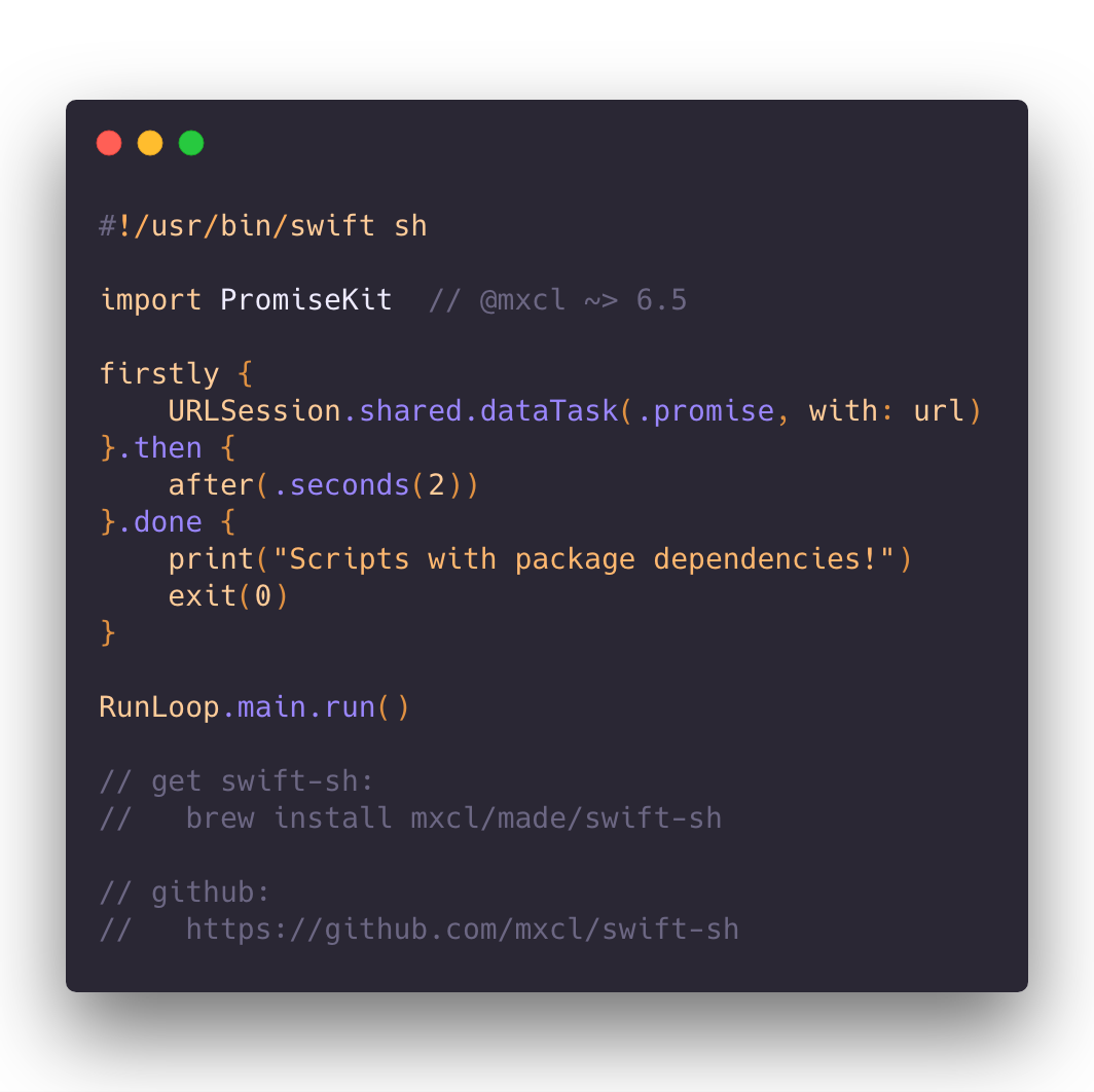 mxcl's tweet image. I made a new thing, Swift-scripting with dependencies, no additional files, just your script: github.com/mxcl/swift-sh