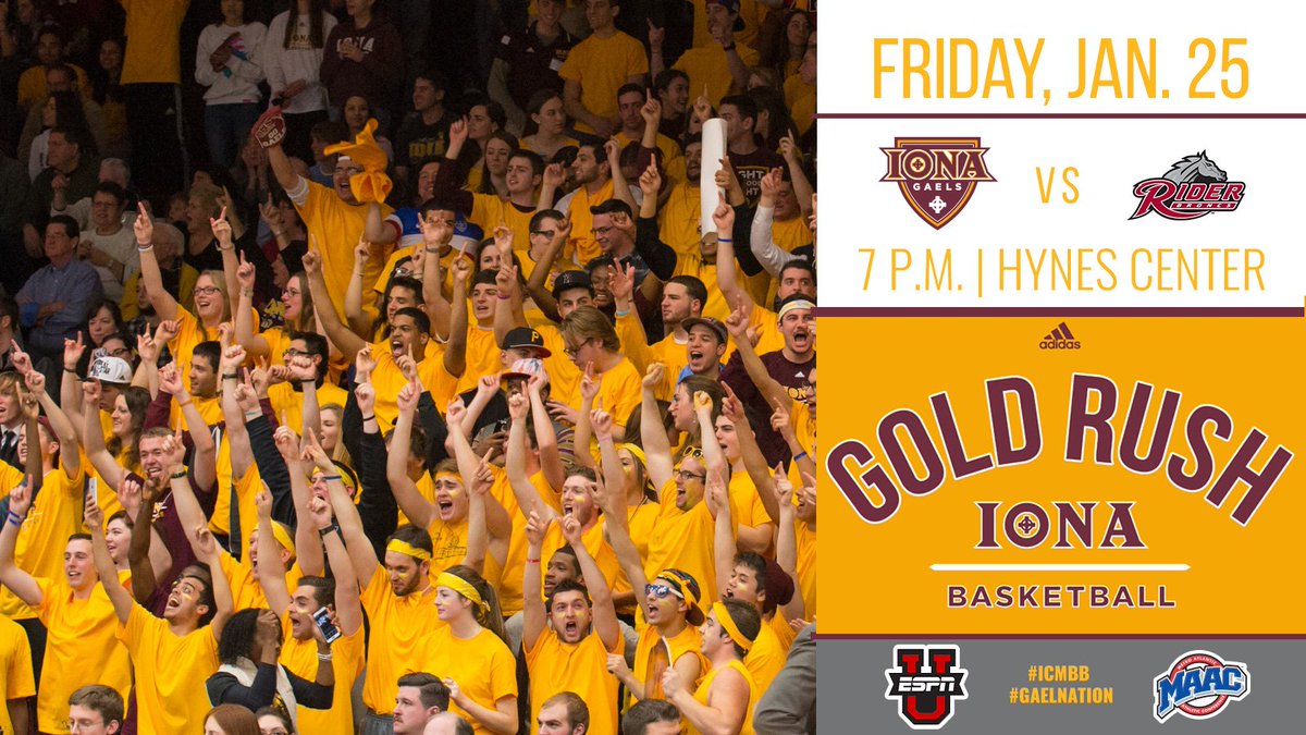 Calling all @ICMaroonManiacs!

#ICMBB's game against Rider on Friday, Jan. 25 is the annual Maroon Maniacs Gold Rush game!

#ICMBB #GaelNation

🔗: icgne.ws/2FqPkXC