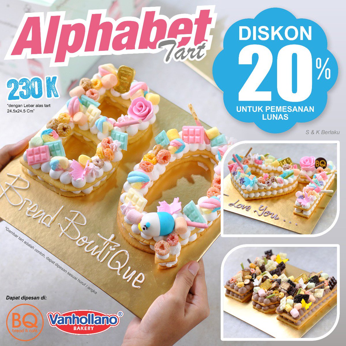 ULTAH atau merayakan Moment Special ngerayainnya sama Tart kekinian donk..!! 
Kayak Alfabeth Tart ini BQ Lovers, ada diskon 20%nya
Yang mau cari Cake Ulang Tahun, mampirnya ke Bread Boutique aja yah, karena banyak variasinya loh..!! 
Yang terpenting itu Everything is PREMIUM..!!