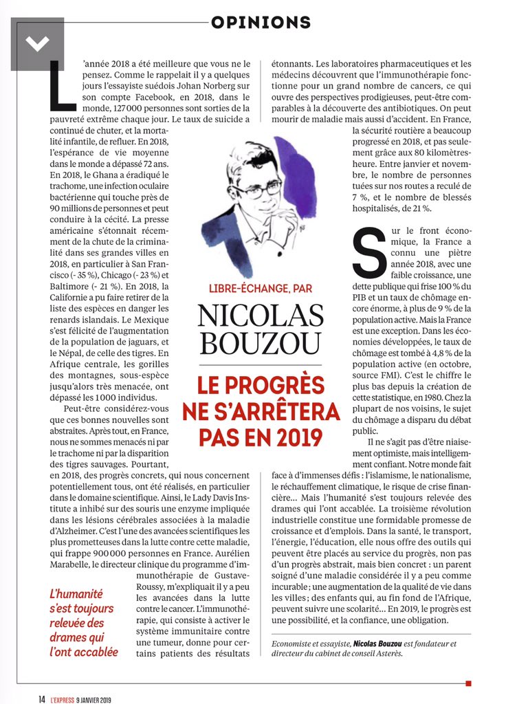 nbouzou's tweet photo. Taux de chomage historiquement bas dans les pays développés, révolution dans le traitement des cancers, chute de la pauvreté dans les pays pauvres : 2018 fut une exceptionnelle. 2019 pourrait être meilleure... dans les pays qui comprennent les mutations. In L’Express. https://t.co/f0gN5Ig5qn