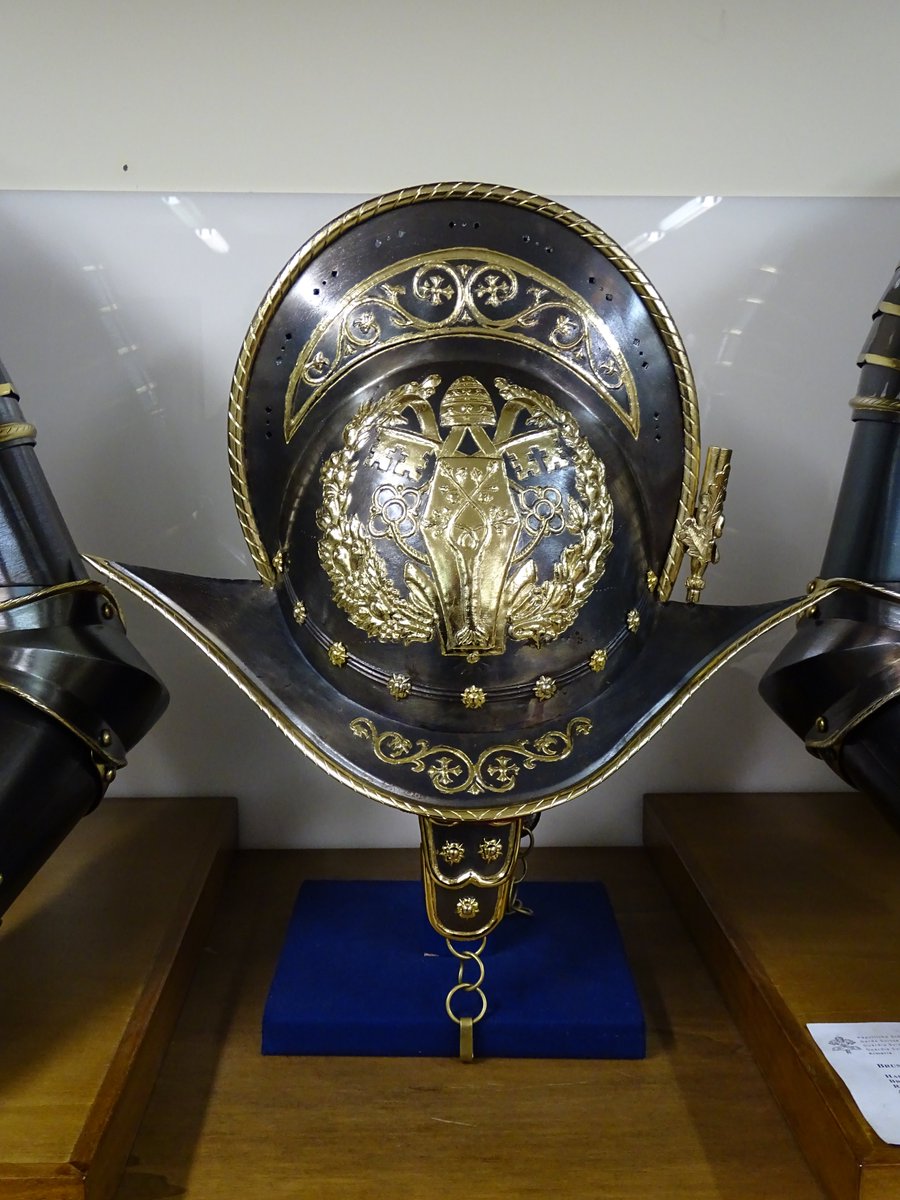 The armour and helmet of the Colonel and Lieutenant Colonel of the Swiss Guard. They have embossed on them the individual coats of arms of the Swiss officer and of the Pope that he serves (ie Pope Francis)