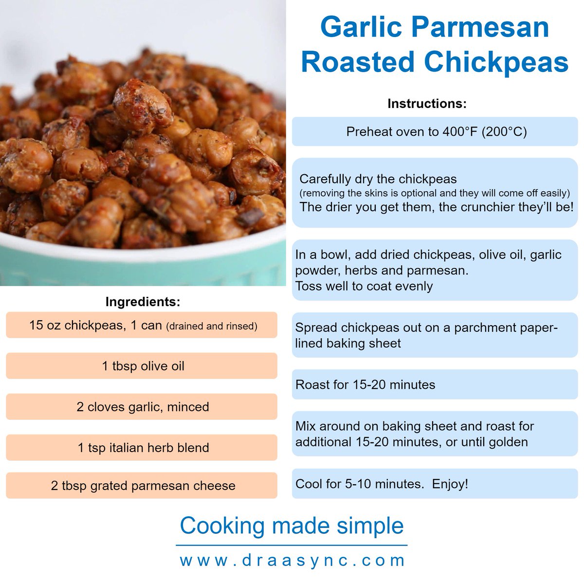 draasync's tweet image. Garlic Parmesan Roasted Chickpeas
#mecookmeeat #cooking #cookingtime #foodie #food #garlic #onion #parsley #oliveoil #parmesan #rosemary #spinach #carrots #pepper #sauce #tomatoes #tomato #rice #cheese #olive #onlinetrust #bajukonveksi #bajusale #opel #bigsize #bajukorea #murmer