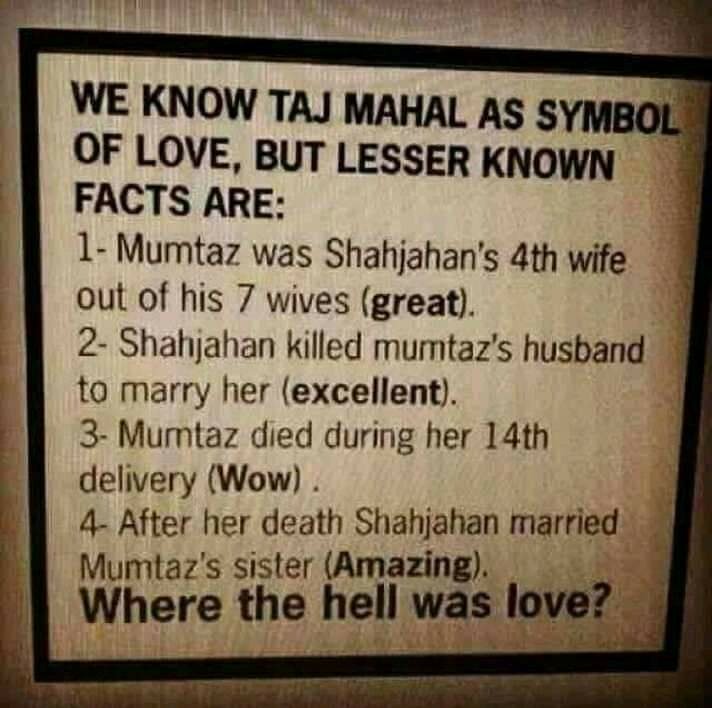 Facts about Taj Mahal..As per history records..Not tweeting just because I don't like Taj. So,in vacations take your kids to place where they get to learn positivity, culture,valour,peace and love.#hindustanjindabad @TajinderBagga