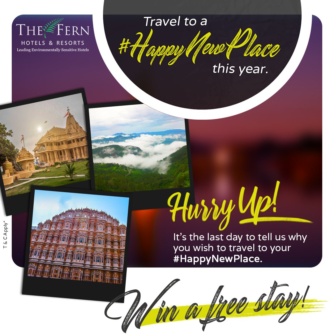 FernHotels's tweet photo. HURRY!! It's the last day to participate.
Tell us about your ideal holiday destination using the #HappyNewPlace and win a FREE stay.
Look for your Happy Place here: https://t.co/OlPGnmmXJb
#TheFern #LeadingEnvironmentallySensitiveHotels #ContestAlert #ContestToday https://t.co/1A2OA6olFE