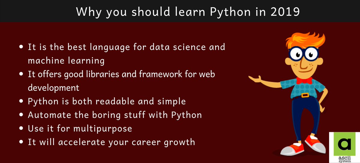 asciisystem's tweet image. #Informative_post
#Based_on_education
#Learn_python
#Python is a must if you work in a #Data_Science
Let's have a look why we should learn #Python in 2019. It will help you, who are hoping to make their career in Python. 
#programmer #programming #java #SQL