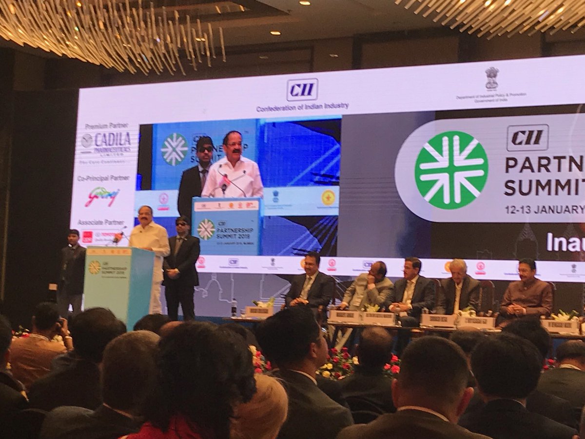 Opening ceremony of CII Partnerships Summit with VP Naidu in the presence of Governor Rao. Trademinister Prabhu and Minister of Industry, Maharashtra, Desai are all emphasising that India is on the move towards a 10 trillion USD economy by 2030.