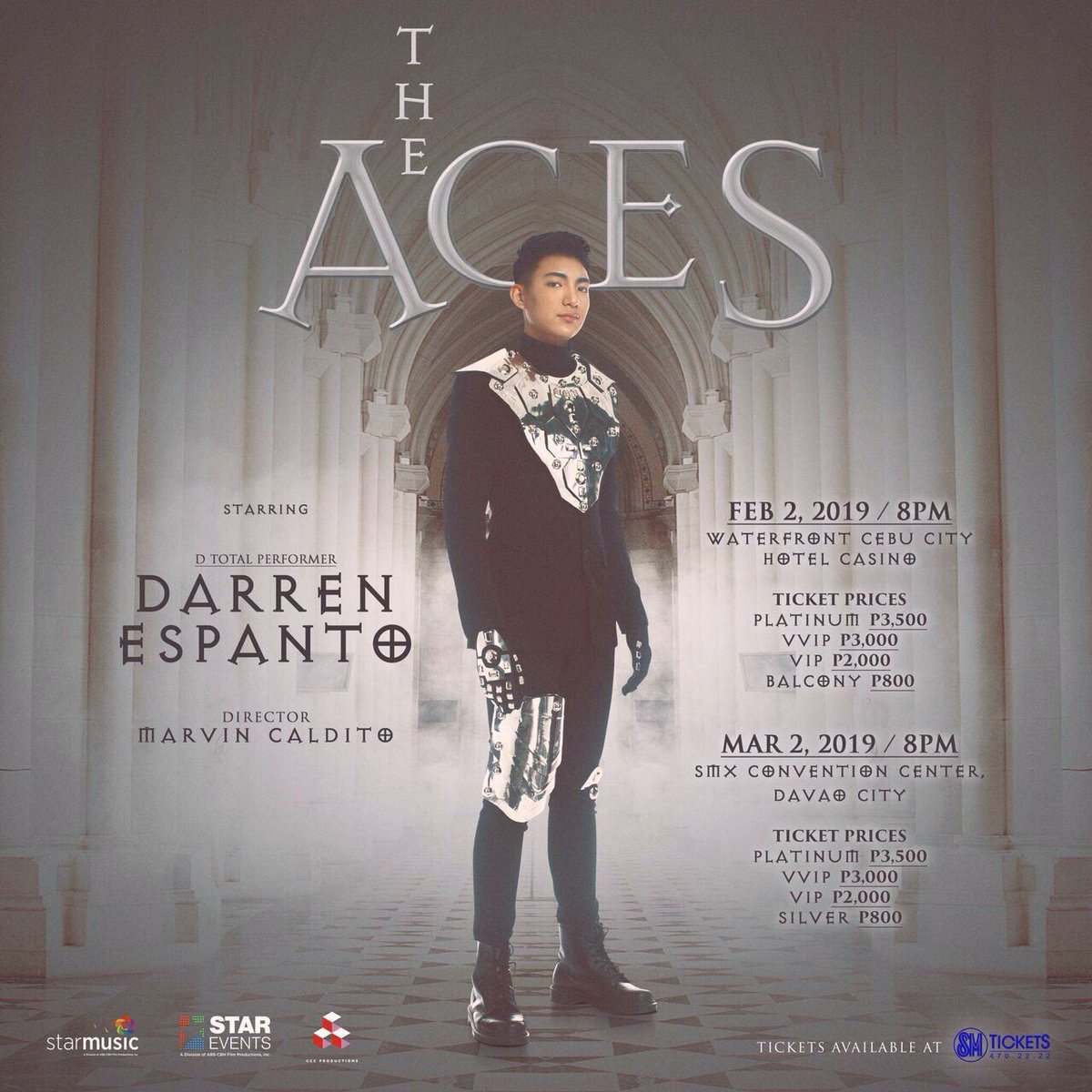 THE ACES happening this February 2 at the Waterfront Cebu City Hotel Casino and on March 2 at the SMX Convention Center Davao City. With Jona &amp; Ms. Lani Misalucha

Platinum P3710
VVIP P3180
VIP P2120
Balcony P848

For tickets visit smtickets.com
#THEACES #DarrenEspanto