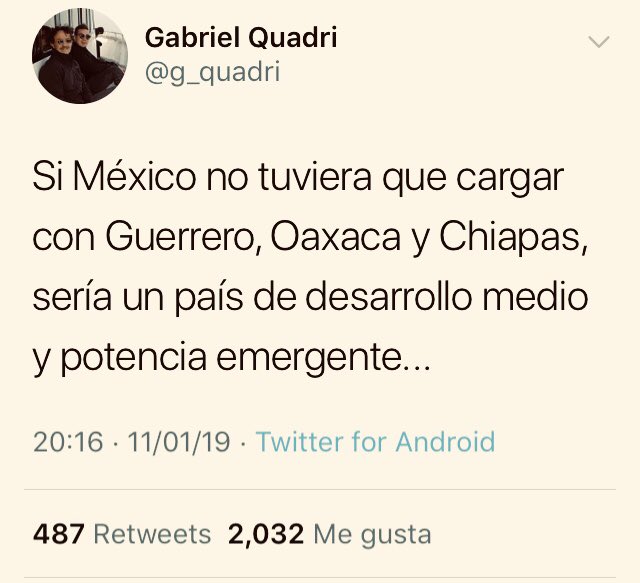 LaTecaDeOro's tweet photo. Por gente como @g_quadri este país no progresa. Que triste que no pueda ver la grandeza que estos tres Estados le han dado a la patria. Como oaxaqueña me he topado con discriminación en mi andar y este es uno de ellos. Soy Juchiteca y vete a la verga, Quadri. https://t.co/6kQPXzRJyn