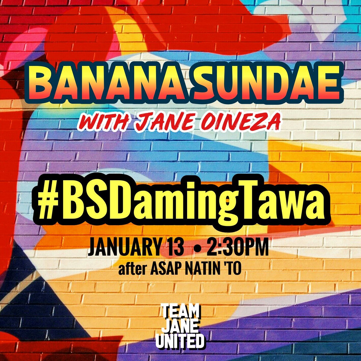 teamjaneunified's tweet photo. Makisama sa Laughtrip at Good vibes kasama si Jane Oineza at Banana Sundae Barkada bukas 2:30PM after ASAP Natin 'to! #BSDamingTawa @itsJaneOineza https://t.co/Oisxm4QHTm