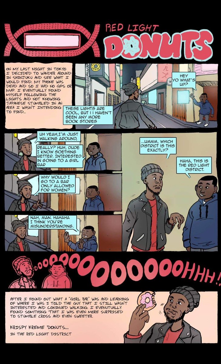 Strictly_Arthur's tweet photo. That time I got donuts in Tokyo
#igotlost #justlookingatlights #deadphone #nomap #Tokyo #Shinjuku #Kabukicho #RedlightDistrict #redlight #donuts #comic #black #blackman #art #memoircomic #travel #abroad #KrispyKreme https://t.co/X27a1zhiPS