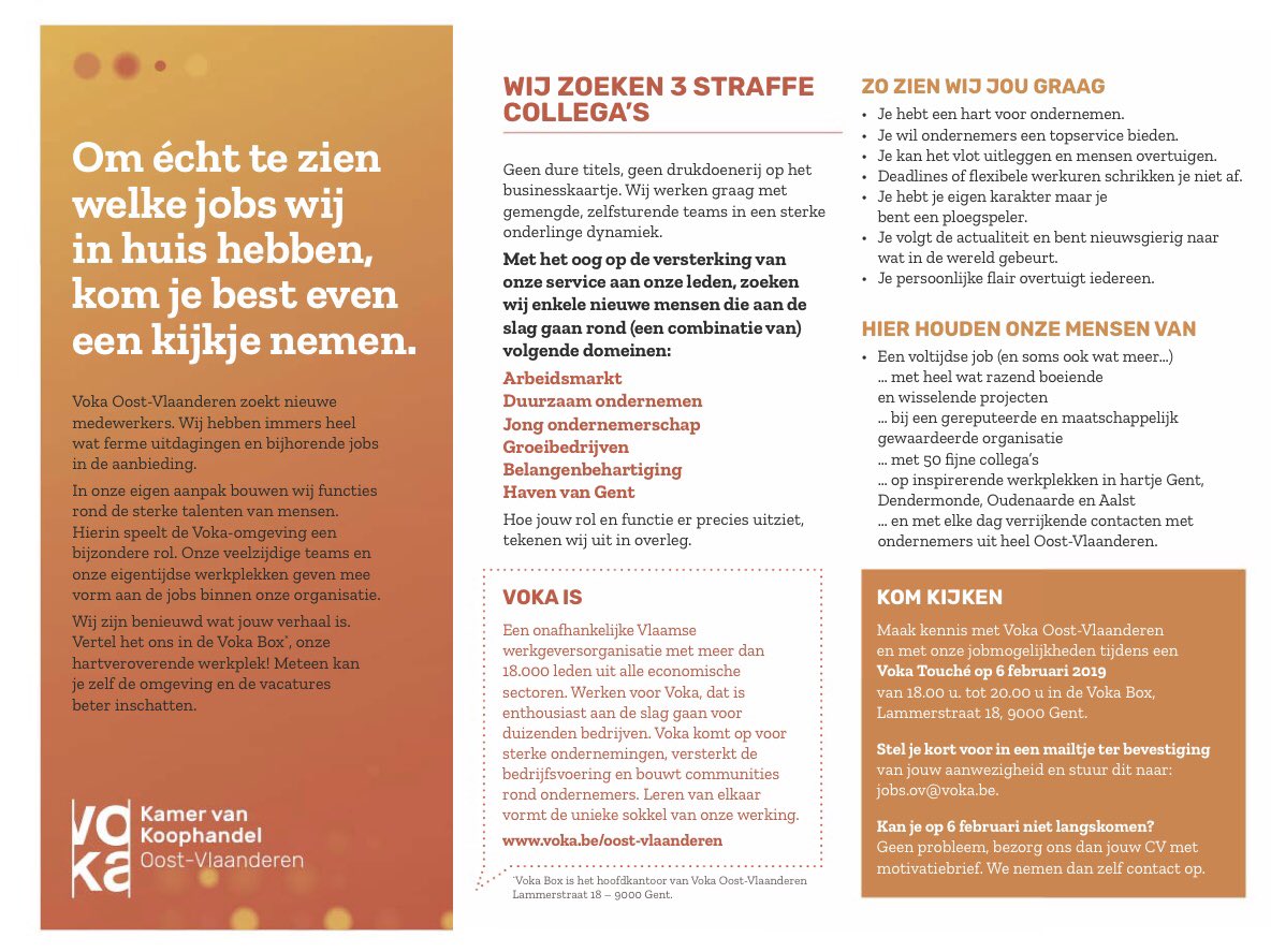 VOKA_OVL's tweet photo. Als je boeiend werk zoekt, met maatschappelijke impact en midden tussen de ondernemers, kom je best even een kijkje nemen @VOKA_OVL https://t.co/X4U0R88WWV