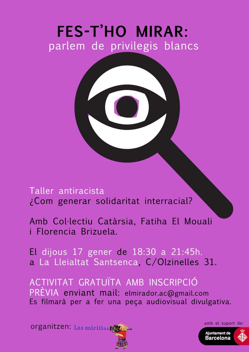 BCNAntirumors's tweet photo. L’Associació Cultural Las Mirillas ens proposa un taller antiracista per qüestionar els privilegis blancs i revisar actituds i comportaments racistes que moltes vegades reproduïm sense adonar-nos-en. Més informació 👇 https://t.co/SlLlL2YoYP