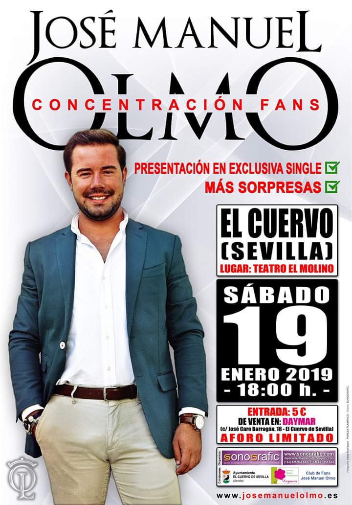 🚨 Ya a la venta las entradas para la concentración de fans de nuestro cantante 🎤 #JoséManuelOlmo, el ❤ #GalánDeLasSevillanas, del próximo 19 de enero.

✅ Consigue la tuya en DAYMAR, sita en c/ José Caro Barragán, 18; de El Cuervo (Sevilla). Daros prisa, están volando.