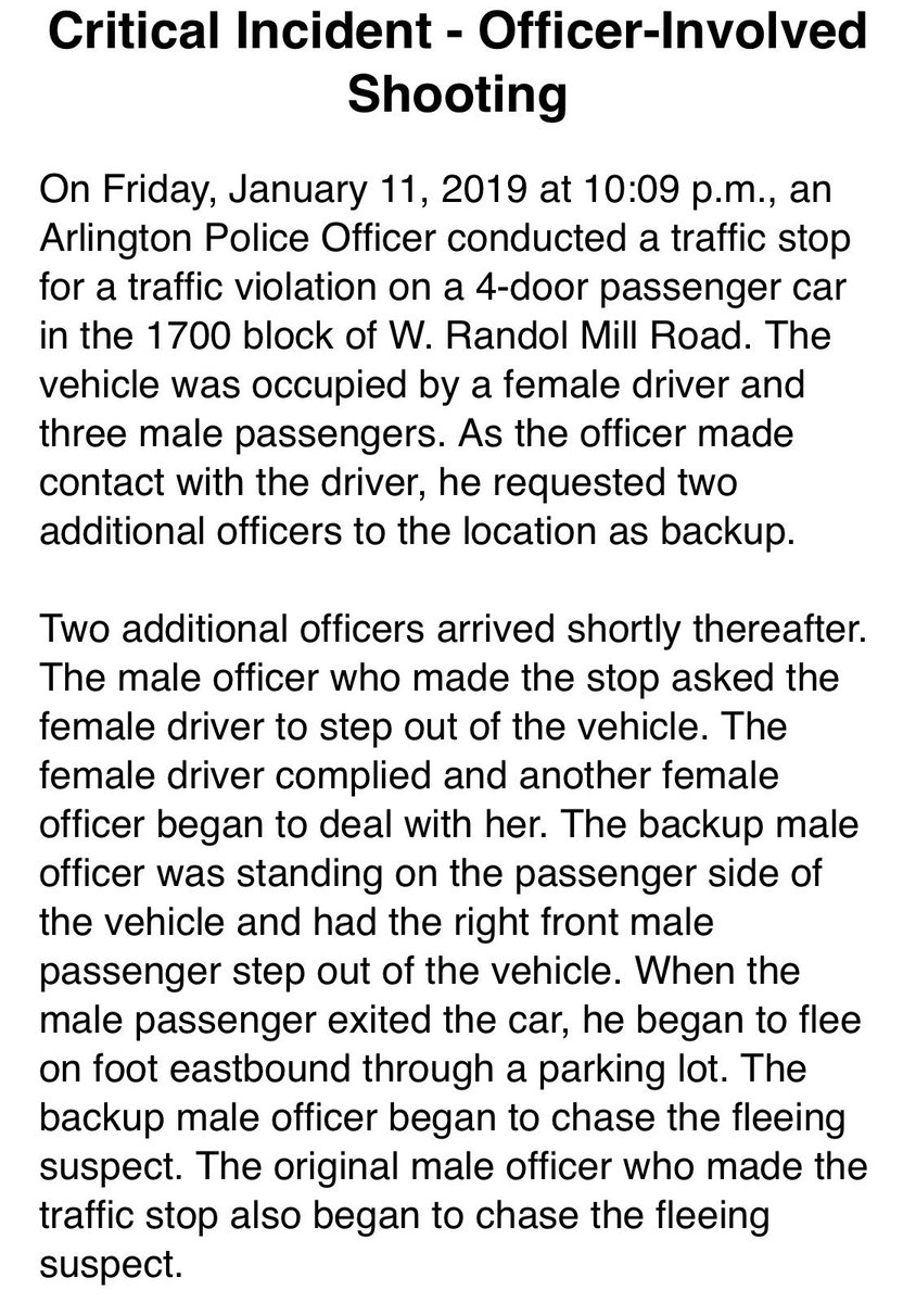 ArlingtonPD's tweet photo. News Release on Officer-Involved Shooting. Officer is receiving treatment after being shot during a traffic stop.  Suspect was later pronounced deceased at a local hospital. https://t.co/APM47qHyr5