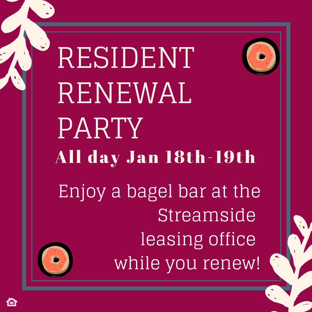 StreamsideApts's tweet image. Hey residents, we want to make sure you’re all set for another year at your home, so we’re having a renewal event stocked with a delicious Bagel Bar all day both Friday and Saturday! #streamside