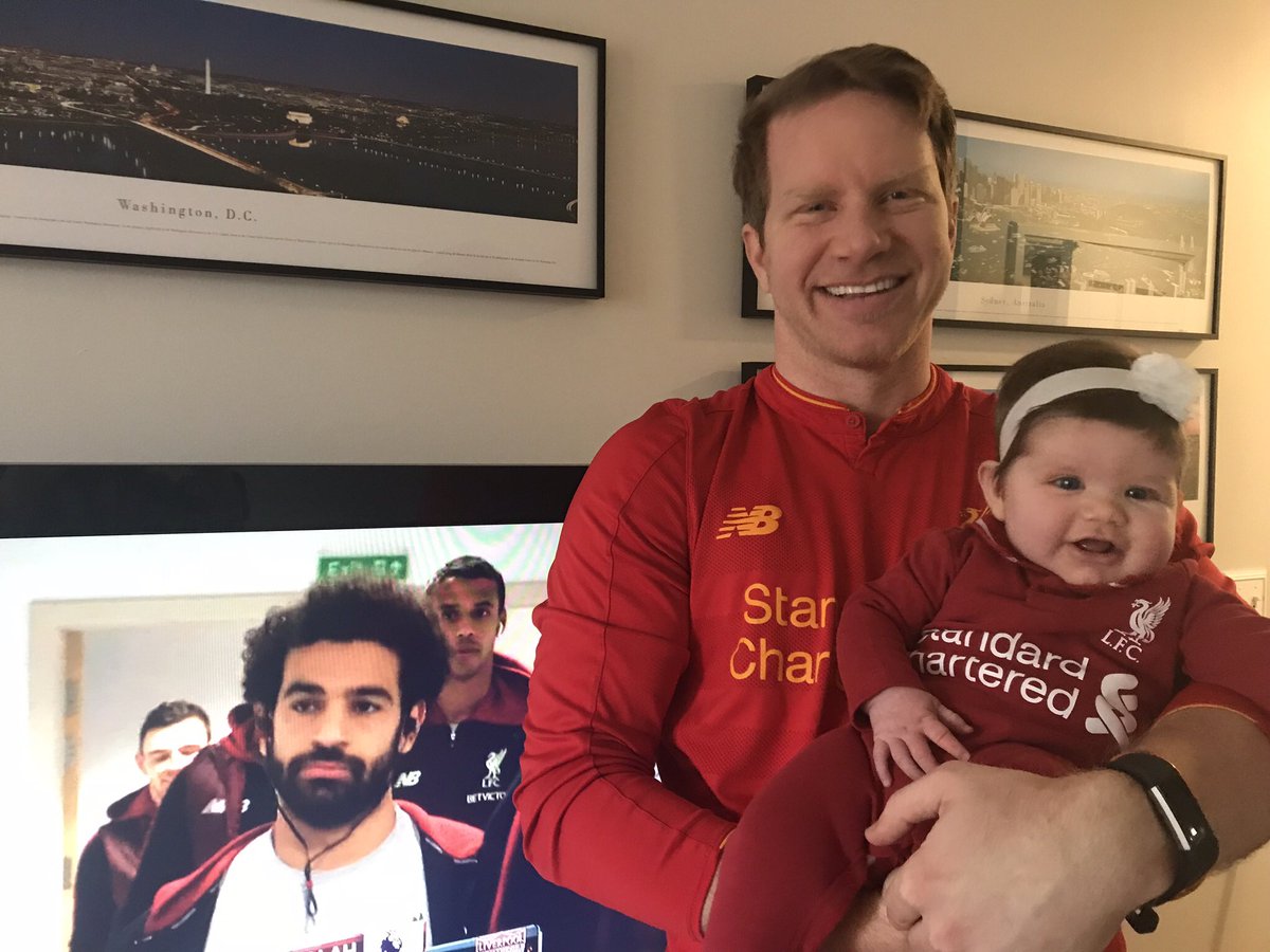 romccart's tweet photo. 4 month Charlotte and Dad gearing up for @LFC vs @OfficialBHAFC as we await Charlotte’s first snowfall in chilly Wash DC... #myplmornings #dadsfirsttweet https://t.co/nopVhDwtRC